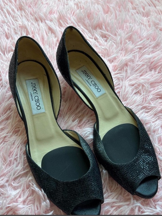Jimmy Choo Shoes - Authentic Jimmy Choo Black Glitter Peep-Toe D'Orsay Kitten Heels - 38.5